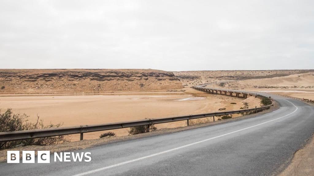 a paved road cutting through a brown desert landscape